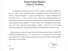 Ilustracja do artykułu: Ogłoszenie z dnia 21.12.2016r. Wójta Gminy Bledzew w sprawie przekazania do RDOS w Gorzowie Wlkp. dokumentacji dot. Budowy farmy wiatrowej „Bledzew I” w Gminie Bledzew wraz z infrastrukturą towarzyszącą o mocy do 5,7 MW, miejscowość Sokola Dąbrowa
