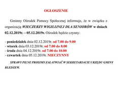 Ilustracja do artykułu: Zmiana godzin pracy GOPS Bledzew w dniach 02.12.2019 - 05.12.2019