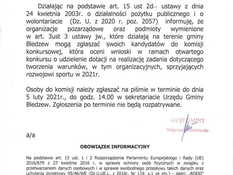 Ilustracja do artykułu: Ogłoszenie Wójta Gminy Bledzew z dnia 21.01.2021 r.  w sprawie zgłaszania kandydatów do komisji konkursowej, która oceni wnioski w ramach otwartego konkursu o udzielenie dotacji na realizację zadania dotyczącego tworzenia warunków, w tym organizacyjnych, 