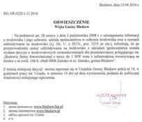Ilustracja do artykułu: Ogłoszenie Wójta Gminy Bledzew o wydanej decyzji środowiskowej