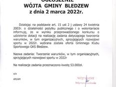 Ilustracja do artykułu: Ogłoszenie Wójta Gminy Bledzew z dnia 2 marca 2022 r. – wybór oferty Tworzenie warunków, w tym organizacyjnych, sprzyjających rozwojowi sportu w 2022 roku
