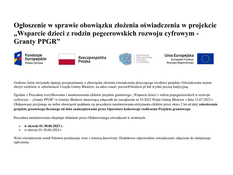 Ilustracja do artykułu: Ogłoszenie w sprawie obowiązku złożenia oświadczenia w projekcie „Wsparcie dzieci z rodzin pegeerowskich rozwoju cyfrowym - Granty PPGR”